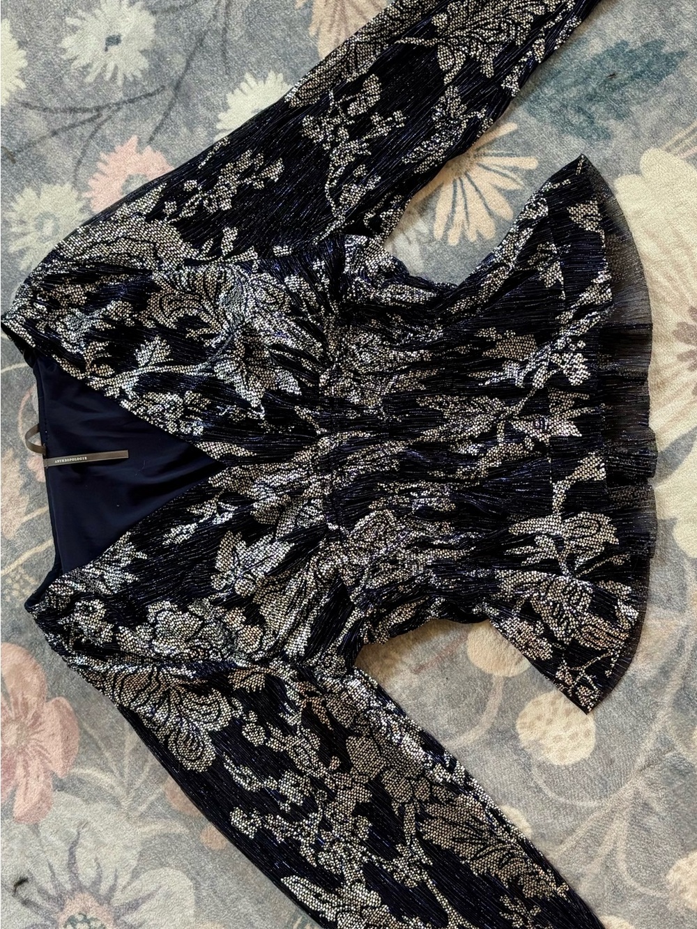 NWT! Anthropologie‎ Metallic Blue & Silver V-Neck Peplum Blouse Long Sleeve ~ M - Picture 4 of 9